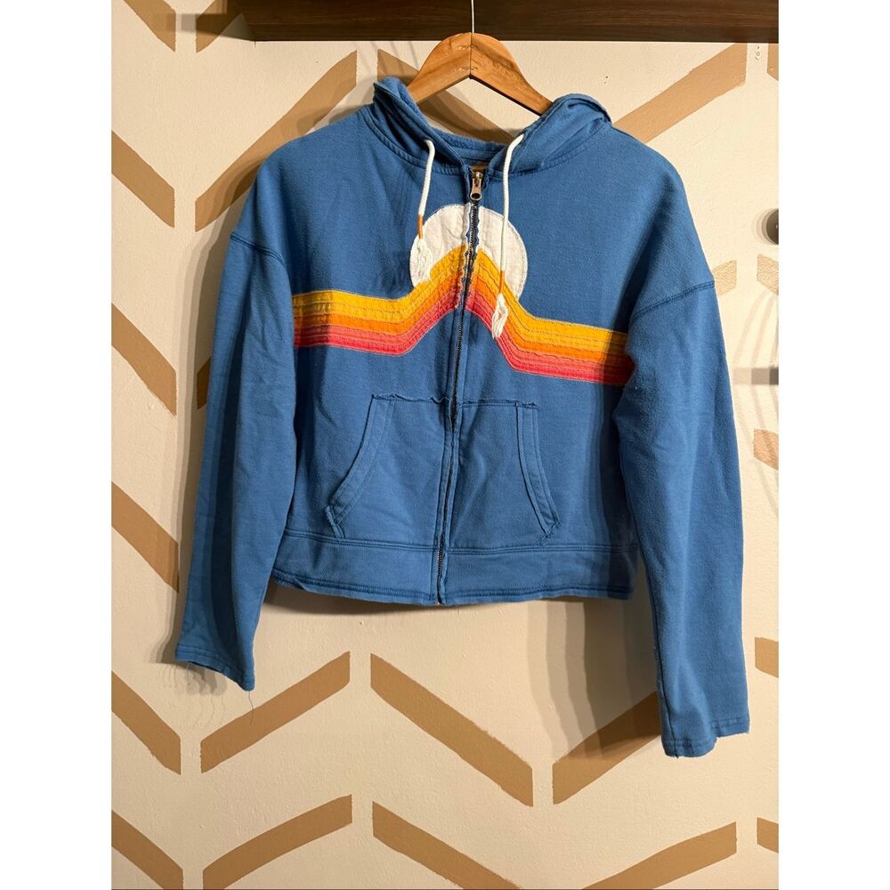 Revival Blue Rayon Blend Classic 5 Stripe Relaxed Zip Up Hoodie Size Small